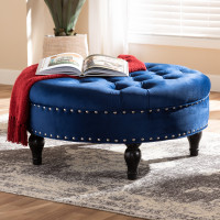 Baxton Studio 531-Royal Blue-Otto Palfrey Transitional Blue Velvet Fabric Upholstered Button Tufted Cocktail Ottoman